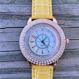 Fashion watch yellow faux crocodile band rose gold tone case crystal accents